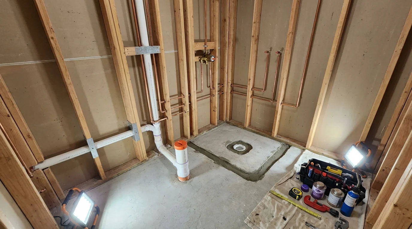 Bathroom rough-in plumbing during remodel by Johns Plumbing LLC in McKinleyville