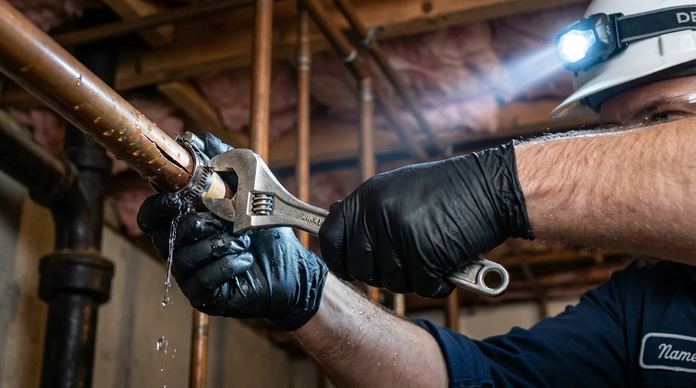 Emergency pipe clamp repair being performed by a Johns Plumbing LLC plumber in McKinleyville
