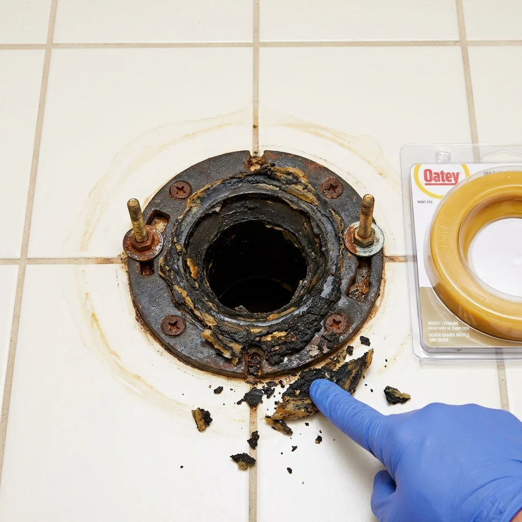 Failed wax ring showing water seepage at the base of a toilet in a McKinleyville, CA home