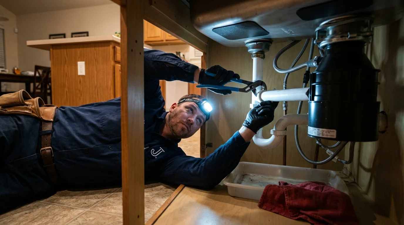 P-trap and supply line connections under a kitchen sink showing a common leak point in McKinleyville, CA